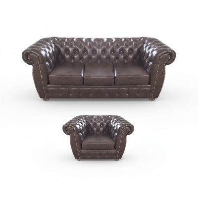 Brązowa sofa trzyosobowa Chesterfield z fotelem ze skóry, nowe meble do salonu.