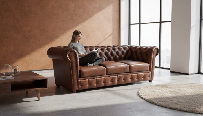 Sofa z trzema siedzeniami z brązowej skóry Chesterfield