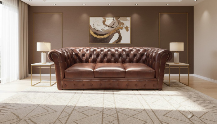 Sofa z trzema siedzeniami z brązowej skóry Chesterfield