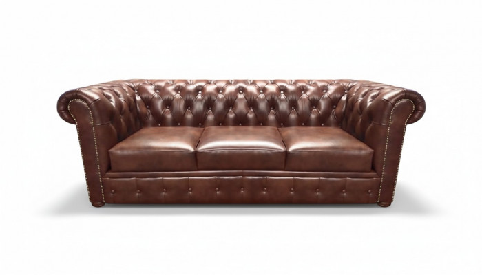 Sofa z trzema siedzeniami z brązowej skóry Chesterfield