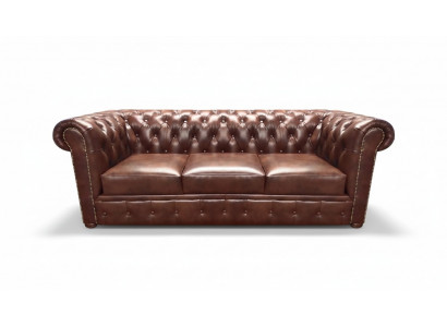 Sofa z trzema siedzeniami z brązowej skóry Chesterfield