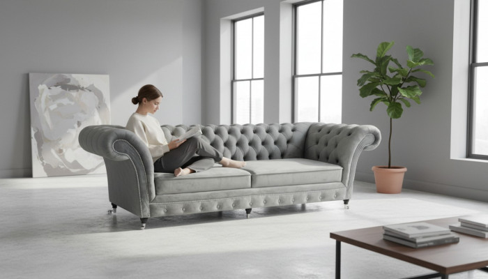 Meble tapicerowane Szara sofa Dwuosobowa kanapa Meble designerskie Chesterfield do salonu