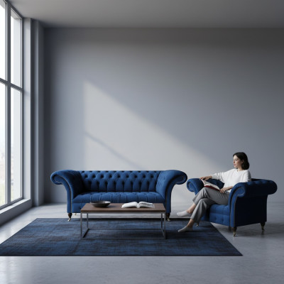 Niebieska Nowa Sofa Trzyosobowa Fotel do salonu Chesterfield Tkanina Tapicerowana Wyposażenie