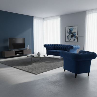 Niebieska Nowa Sofa Trzyosobowa Fotel do salonu Chesterfield Tkanina Tapicerowana Wyposażenie