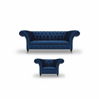 Niebieska Nowa Sofa Trzyosobowa Fotel do salonu Chesterfield Tkanina Tapicerowana Wyposażenie