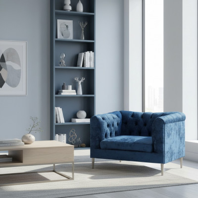 Meble tapicerowane w kolorze niebieskim, fotel Chesterfield, nowoczesny salon, tapicerowany siedzisko