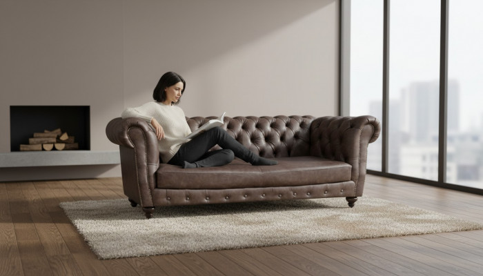 Brązowa skórzana sofa trzyosobowa Chesterfield do salonu