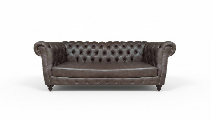 Brązowa skórzana sofa trzyosobowa Chesterfield do salonu