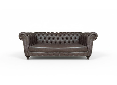 Brązowa skórzana sofa trzyosobowa Chesterfield do salonu