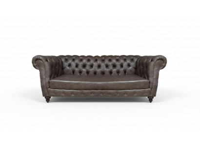 Brązowa skórzana sofa trzyosobowa Chesterfield do salonu