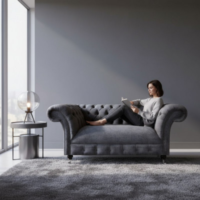 Luksusowa sofa dwuosobowa Kanapa tapicerowana Salon Szary Sofy Chesterfield