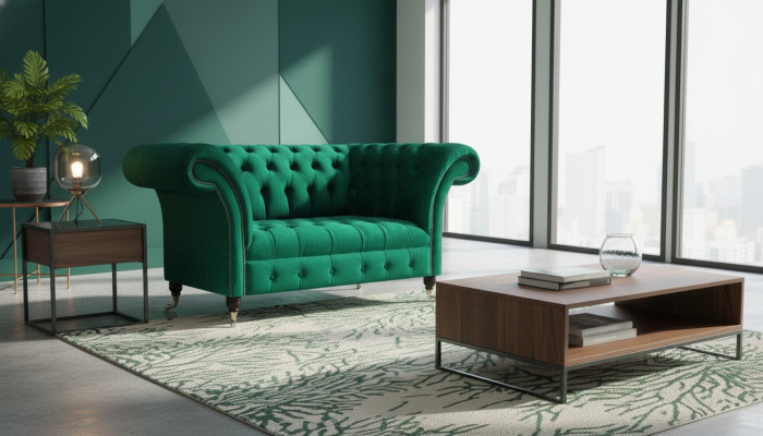 Sofa Chesterfield dwuosobowa Kanapa Zielona Wystrój salonu Sofa tapicerowana