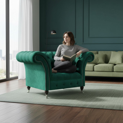 Luksusowe fotele Chesterfield do salonu z tkaninowymi meblami tapicerowanymi.