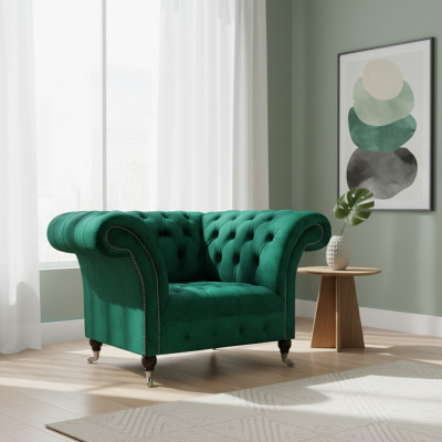 Luksusowe fotele Chesterfield do salonu z tkaninowymi meblami tapicerowanymi.