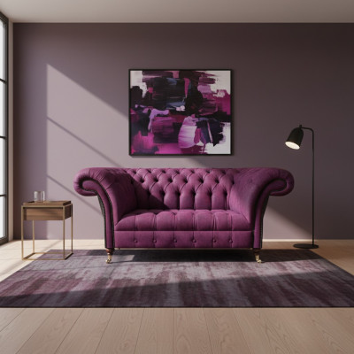 fioletowa sofa dwuosobowa kanapa wnętrze salon meble tapicerowane Chesterfield