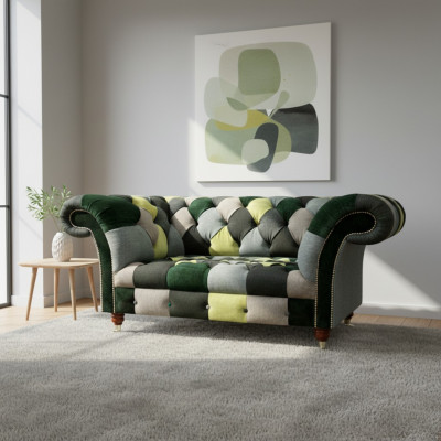 Wielokolorowa nowoczesna kanapa dwuosobowa z tkaniny w stylu Chesterfield do salonu.
