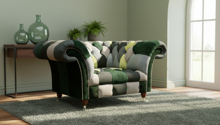 Tekstylne krzesło, nowoczesne meble tapicerowane Chesterfield.