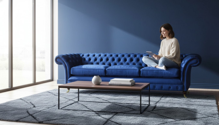Sofa Chesterfield trzyosobowa kanapa, nowoczesne meble tapicerowane tkanina wyposażenie.