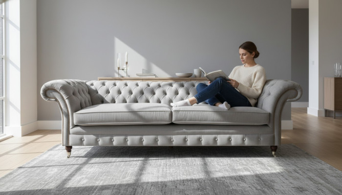 Luksusowa sofa dwuosobowa Chesterfield w szarej tapicerce, projektant.