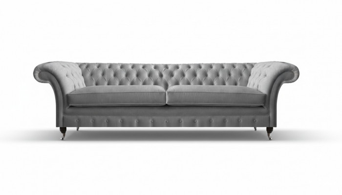 Luksusowa sofa dwuosobowa Chesterfield w szarej tapicerce, projektant.