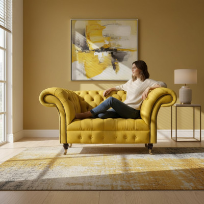 Chesterfield żółta sofa w sali dziennego kanapy tapicerowane projektant dwuosobowy