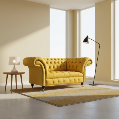 Chesterfield żółta sofa w sali dziennego kanapy tapicerowane projektant dwuosobowy