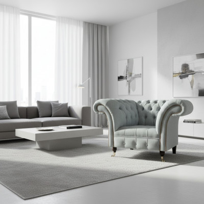 Fotel Chesterfield w jasnoszarym kolorze - nowoczesne meble tapicerowane do salonu.
