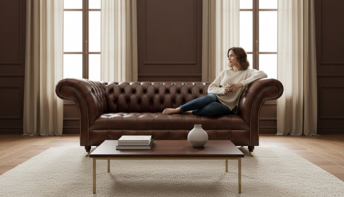 Exclusive Chesterfield Brązowa skórzana sofa Nowoczesny trzyosobowy mebel do siedzenia
