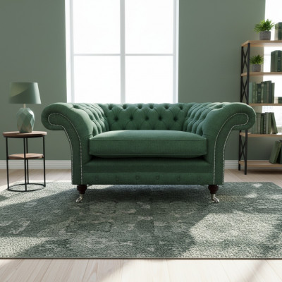 Elegancki fotel Chesterfield w kolorze zielonym do salonu z tkaniny jednoosobowy.