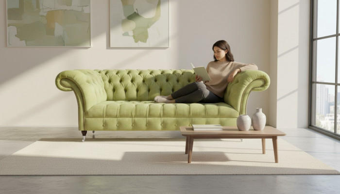 Chesterfield Jasnozielona Sofa Nowoczesna Kanapa Trzyosobowa Salon Luksusowe Meble
