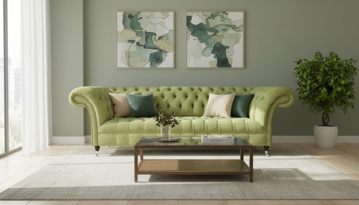 Chesterfield Jasnozielona Sofa Nowoczesna Kanapa Trzyosobowa Salon Luksusowe Meble
