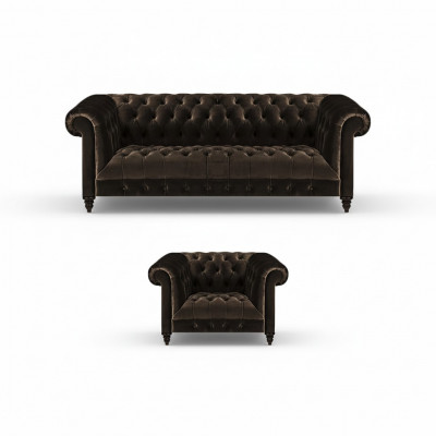 Pomarańczowe Chesterfield komplet wypoczynkowy. Wzornictwo 3-osobowej kanapy i fotela z tkaniny, 2 elementy.