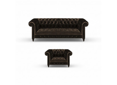 Pomarańczowe Chesterfield komplet wypoczynkowy. Wzornictwo 3-osobowej kanapy i fotela z tkaniny, 2 elementy.