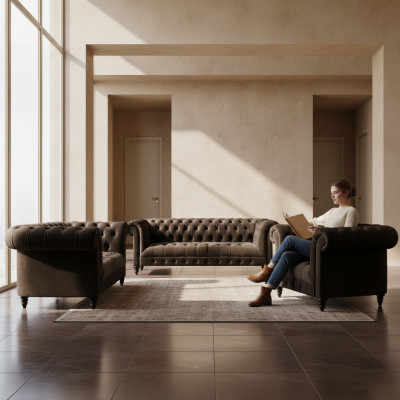 Elegancki zestaw kanap Chesterfield w brązowym kolorze dla nowoczesnego salonu.