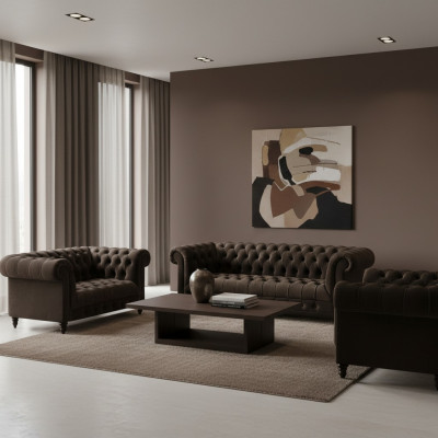 Elegancki zestaw kanap Chesterfield w brązowym kolorze dla nowoczesnego salonu.