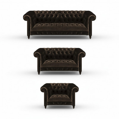 Elegancki zestaw kanap Chesterfield w brązowym kolorze dla nowoczesnego salonu.