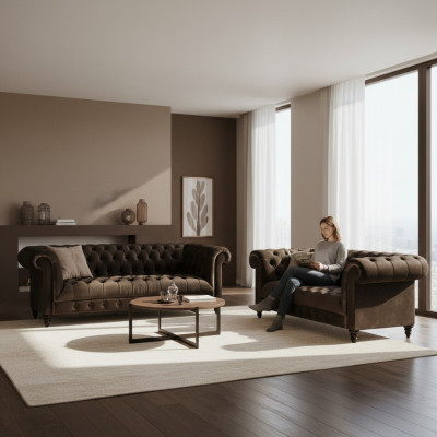 Brązowe meble wypoczynkowe Chesterfield do salonu 2-osobowe, luksusowe 3-osobowe, 2-częściowe.