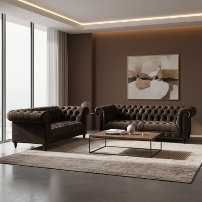 Brązowe meble wypoczynkowe Chesterfield do salonu 2-osobowe, luksusowe 3-osobowe, 2-częściowe.