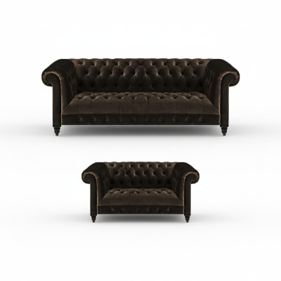 Brązowe meble wypoczynkowe Chesterfield do salonu 2-osobowe, luksusowe 3-osobowe, 2-częściowe.