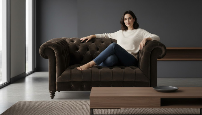 Chesterfield ekskluzywna brązowa sofa. Nowoczesne, dwuosobowe meble tapicerowane.