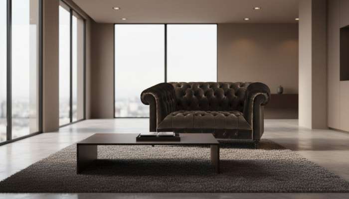 Chesterfield ekskluzywna brązowa sofa. Nowoczesne, dwuosobowe meble tapicerowane.