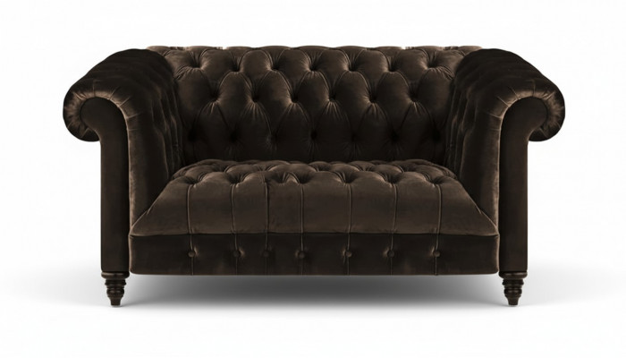 Chesterfield ekskluzywna brązowa sofa. Nowoczesne, dwuosobowe meble tapicerowane.
