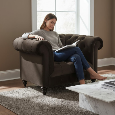 Brązowy fotel Chesterfield z nowoczesnym obiciem z tkaniny do salonu jednoosobowy.