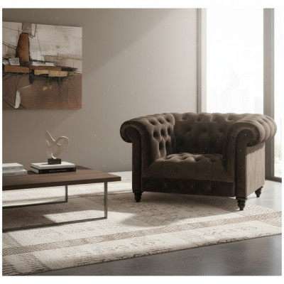 Brązowy fotel Chesterfield z nowoczesnym obiciem z tkaniny do salonu jednoosobowy.