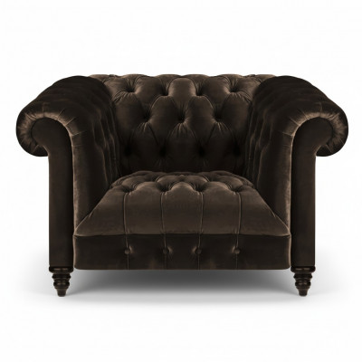 Brązowy fotel Chesterfield z nowoczesnym obiciem z tkaniny do salonu jednoosobowy.