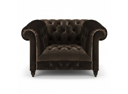 Brązowy fotel Chesterfield z nowoczesnym obiciem z tkaniny do salonu jednoosobowy.