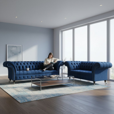 Noble Chesterfield Kanapa Designer Niebieski Trzyosobowy Tapicerka 2-osobowy
