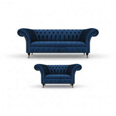 Noble Chesterfield Kanapa Designer Niebieski Trzyosobowy Tapicerka 2-osobowy