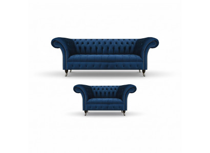 Noble Chesterfield Kanapa Designer Niebieski Trzyosobowy Tapicerka 2-osobowy
