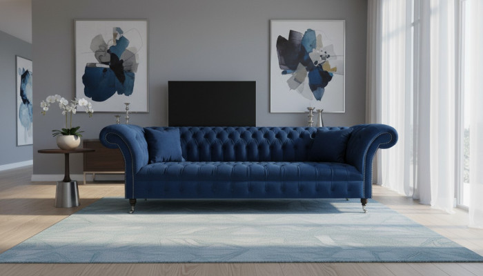 Niebieskie meble Chesterfield z tkaniny projektanta, nowoczesna tkaninowa sofa.
